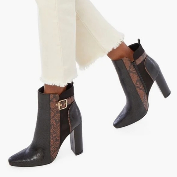JustFab Shoes - JustFab Snakeskin Suede Color Block Patchwork Ankle Boot Brown Black- sz 11